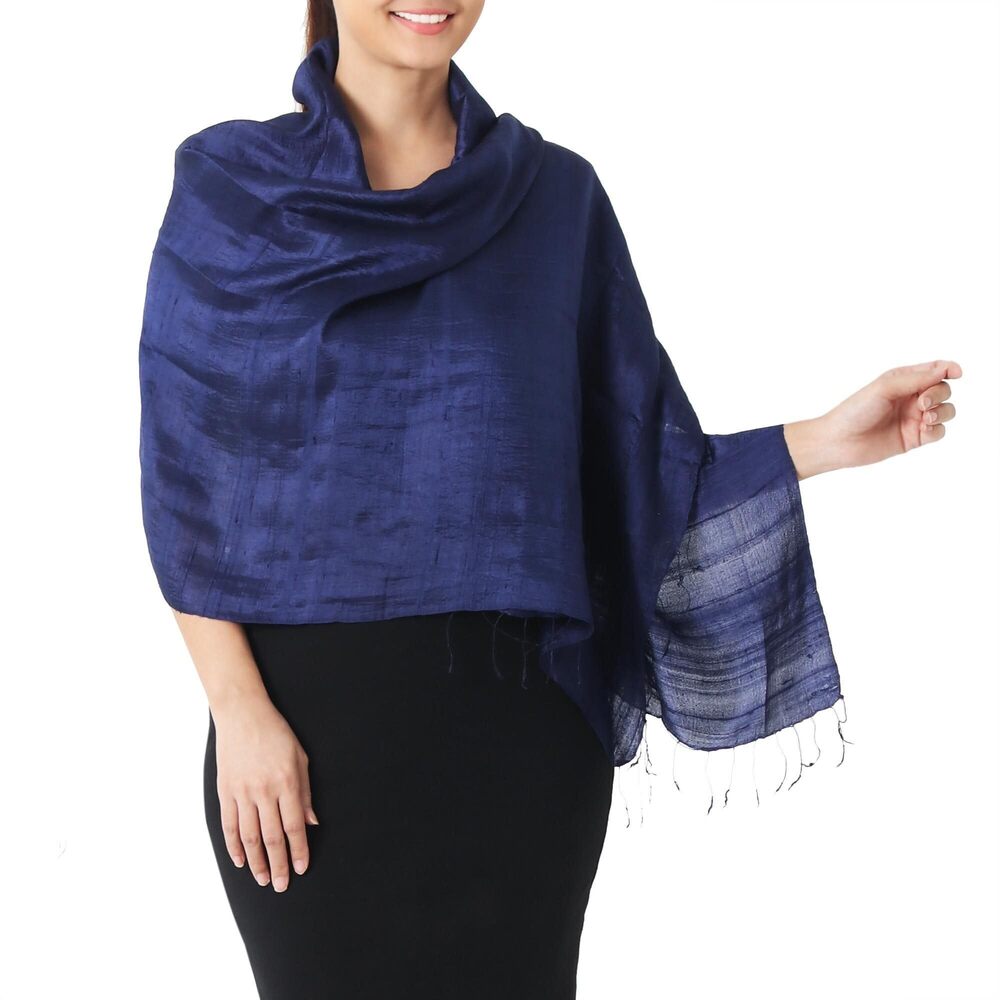 9287 Artisan Handwoven Silk Shawl Deep Blue Raw From Thailand Accessoriess
